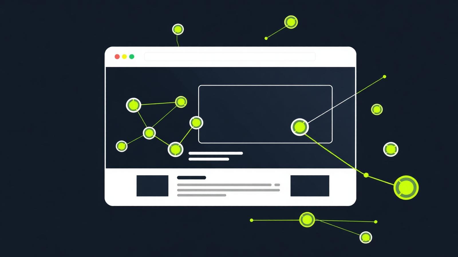 Abstract browser window with AI agent nodes navigating a website wireframe