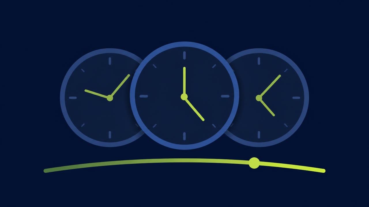 Illustration of three overlapping clock faces with lime-green hands above a progress arc on a dark navy background