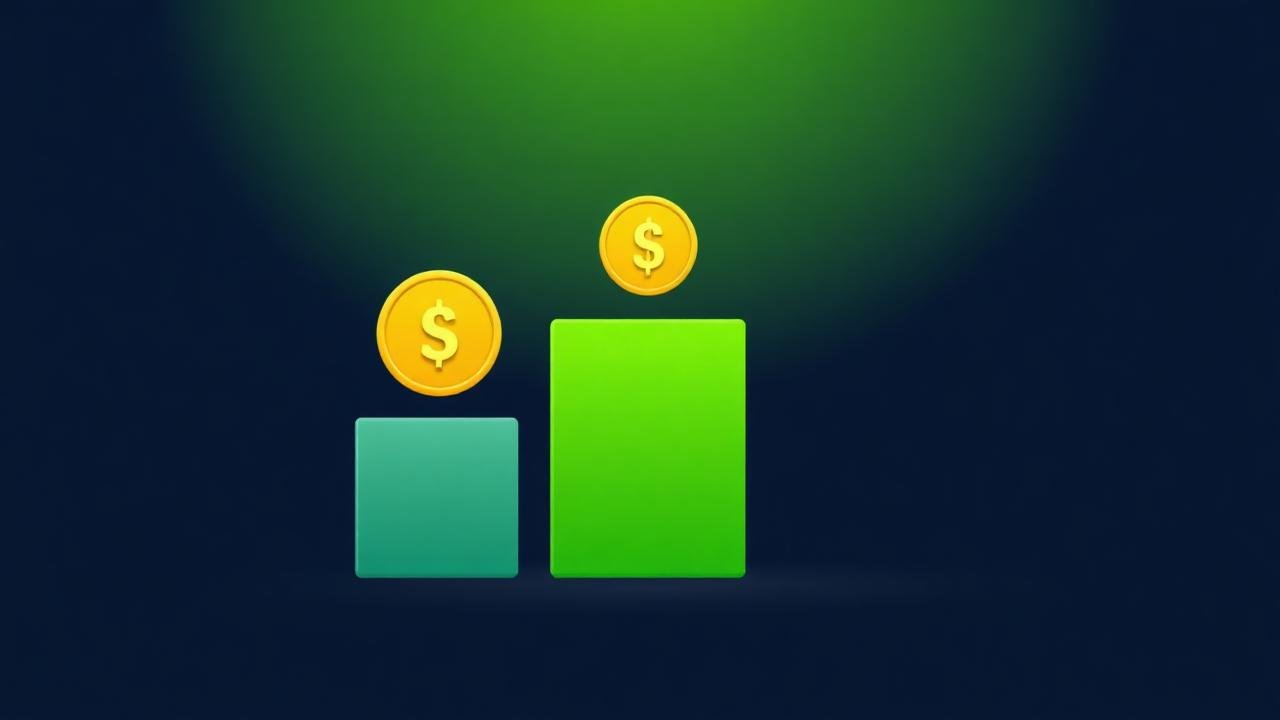 Illustration of ascending price tier blocks with dollar coins on a dark navy background